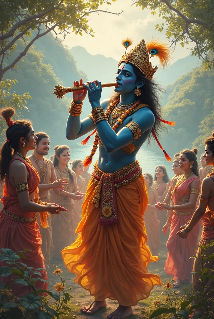 Lord Krishna sitting under a tree and using his flute and making everyone dance around him
