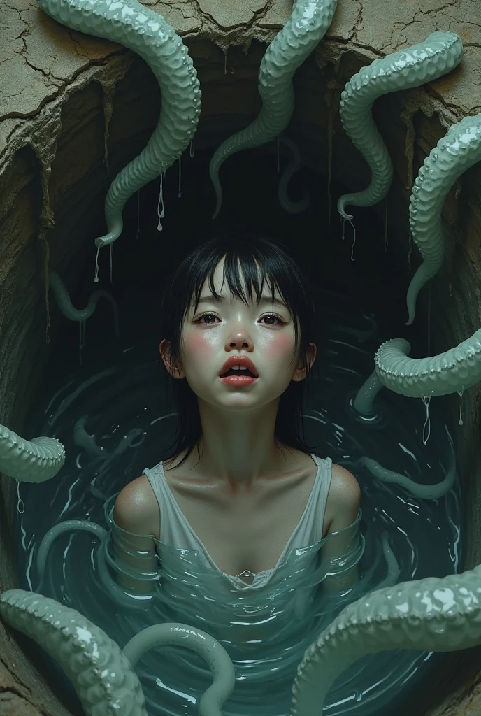 creepy tentacles are (((licking))) Asian school girl (inside creature:1.4) of stinky saliva fluids in fantasy, (stinky dress), wet girl, sitting, ((looking at the viewer)), wet skin, bukkake, anguished, bound by slimy tentacles, bdsm, vine, sitting in a mirror, she is resisting from cum shot, fetish, pussy juice stain, (she is hiding her mouth:1.5) inside creature, slimy ((wet skin)) dripping, (beautiful eyes), dried saliva, ((steaming)), depth of field, 1girl, solo, censored, ((white)) blouse, skirt, school girl, vore, photorealistic, slime, saliva
