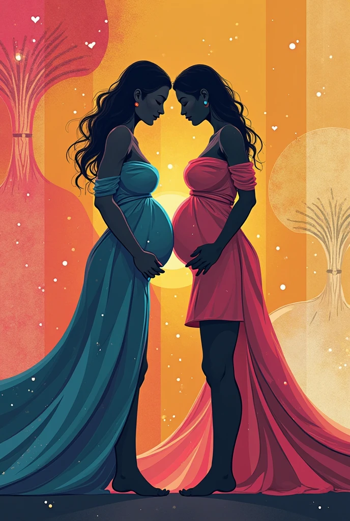 beautifull abstract and pregnant woman with her baby inside her and with beautiful brightly colored flowers emanating from her long hair,, with a midwife who hugs and cares for her, and that represents her reconnection with the power of women