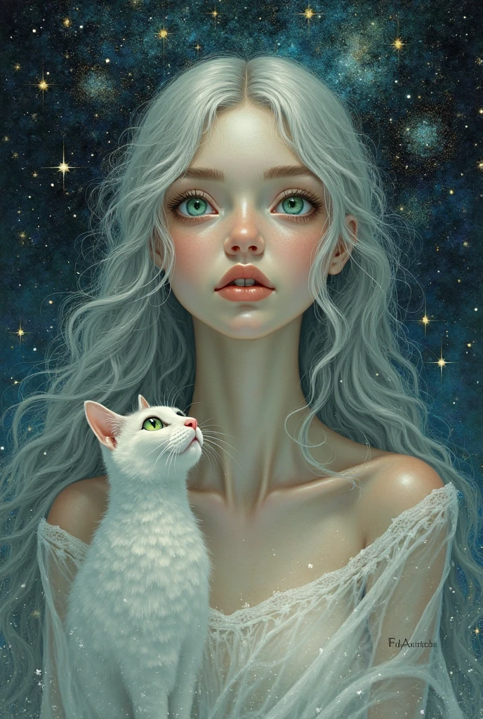 breathtaking masterpiece, best quality, highest quality, highly detailed, exquisite, award winning 8K digital painting of an ethereal and (incredibly beautiful female alien:1.4) with luminescent body parts that shimmer like stardust (lying gracefully on a steep cliff:1.2), casting a watchful gaze over (the galaxy:1.33), (a fluffy creature rests on her shoulder:1.8), intricate details, golden ratio, BaroqueAI, v0id3nergy, by Louis Royo