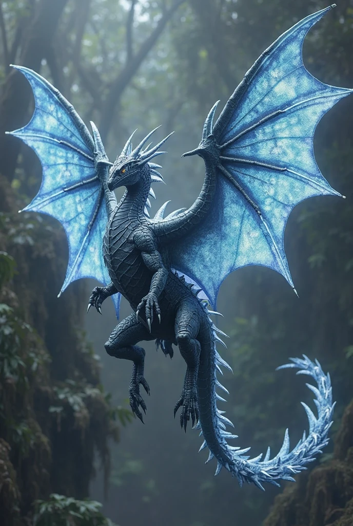 giant dragon, winged, majestic, ancestral white and blue, lying in a forest enchanting with night glow