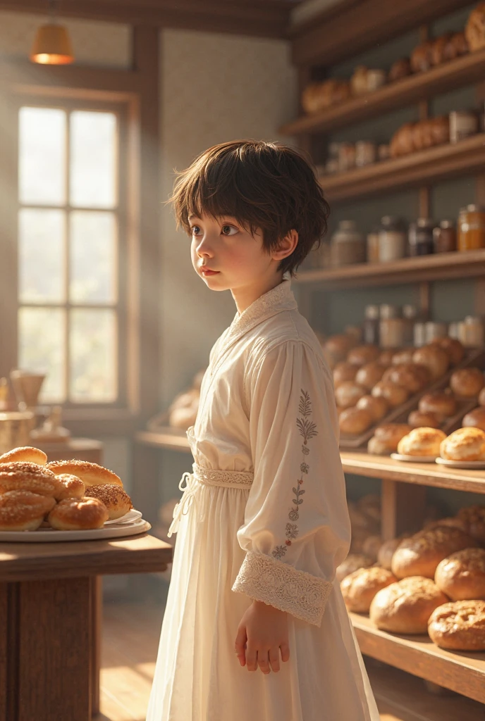 ((best quality)), ((masterpiece)), (detailed), perfect face poor 10 year old boy in 1905 arriving at a crowded ice cream parlor