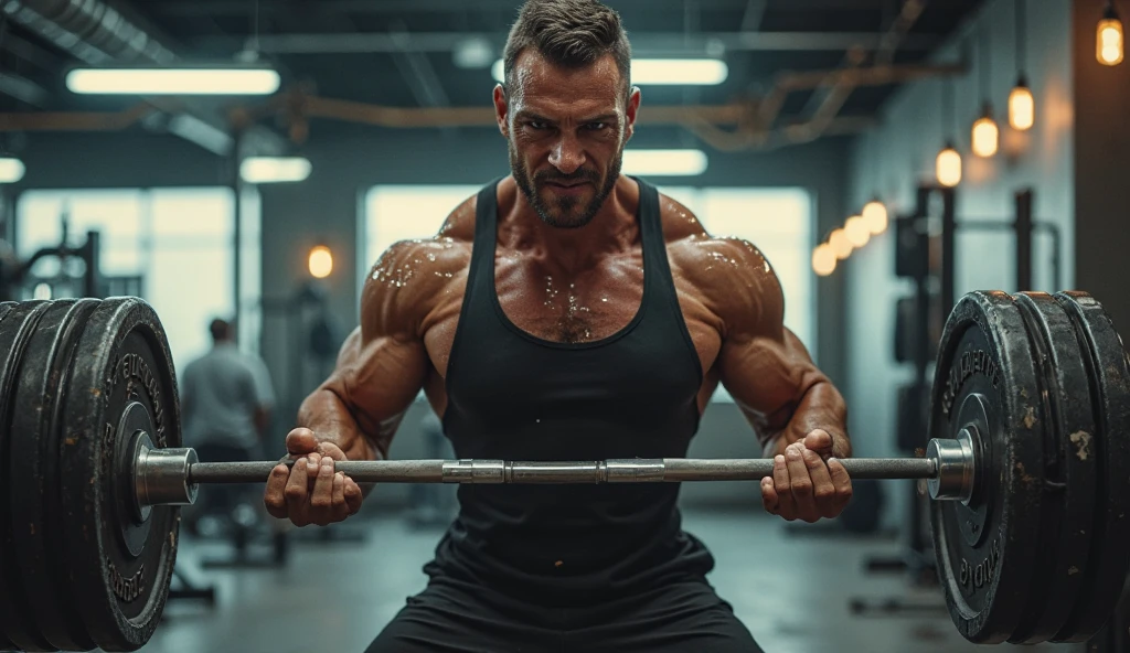 A very muscular gym worker man works shoulder press, sitted on bench