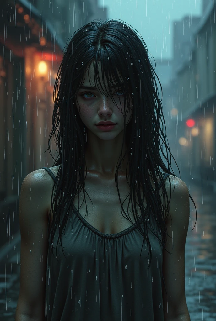 Make an image of a rainy night with a girl having wet clothes