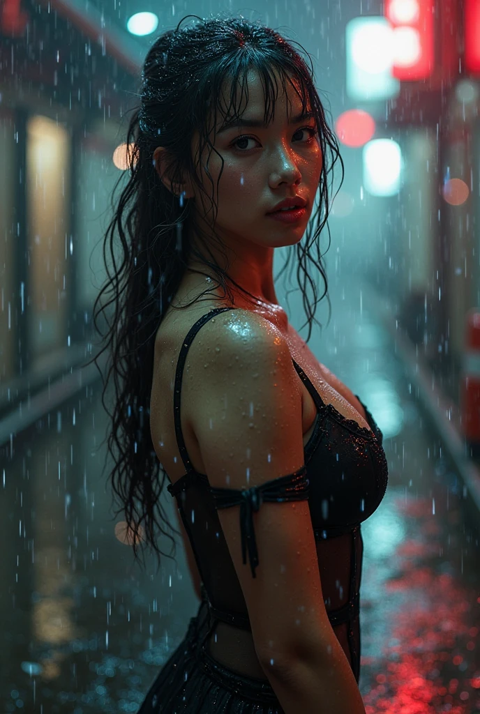 (RAW shooting, Photoreal:1.5, 8K, highest quality, masterpiece, ultra high resolution), perfect dynamic composition:1.2, Night street corner of a modern city, expression of sadness:0.5, (((Typhoon heavy rain))), Highly detailed skin and facial textures:1.2, Slim office lady wet in the rain:1.3, Fair skin, sexy beauty:1.1, perfect style:1.2, beautiful and aesthetic:1.1, very beautiful face, water droplets on the skin, (rain drips all over my body:1.2, wet body, wet hair:1.4, wet skirt:1.2, wet tank top:1.3), belt, (Medium chest, bra is see-through, Chest gap), (cry, lovelorn, The expression on your face when you feel intense caress, Facial expression when feeling pleasure), (beautiful blue eyes, Eyes that feel beautiful eros:0.8), (Too erotic:0.9, Bewitching:0.9), cowboy shot, Shoulder bag, necklace, earrings, bracelet, clock