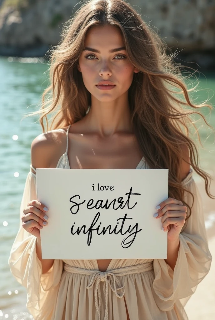 Beautiful girl with wavy long hair, bohemian dress, holding a white board with text "I Love Seaart Infinity" and showing it to the viewer