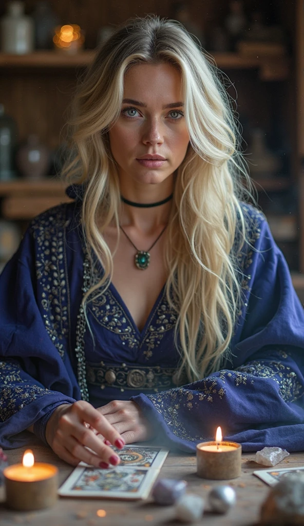 full-body woman with a rude appearance, long mesy blond hair, in bohemian style clothing, eyes blue, tattoos in arms