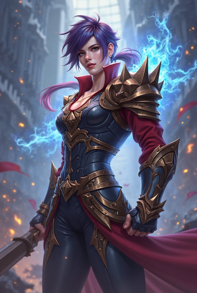 Masterpiece, Best Quality, High Quality, Cinematic Lighting/Dramatic Lighting, Female Warrior, Highly Detailed Face, Blue Eyes, Glowing Eyes, (Strong Gaze: 1.1), (Wedge Cut: 1.1), 8K Resolution, (Height Detail: 1.1), (Unleashing Lightning: 1.2), Battle Stance, (Blue Leather Dress: 1.3), HD Anime Wallpaper, Upper Body, Short Purple Hair, (Greg M. Rutkovsky: 1.2), (Realism: 1.5), Cinematography, Surrealism, HDR, (Highly detailed facial and skin textures: 1.4),