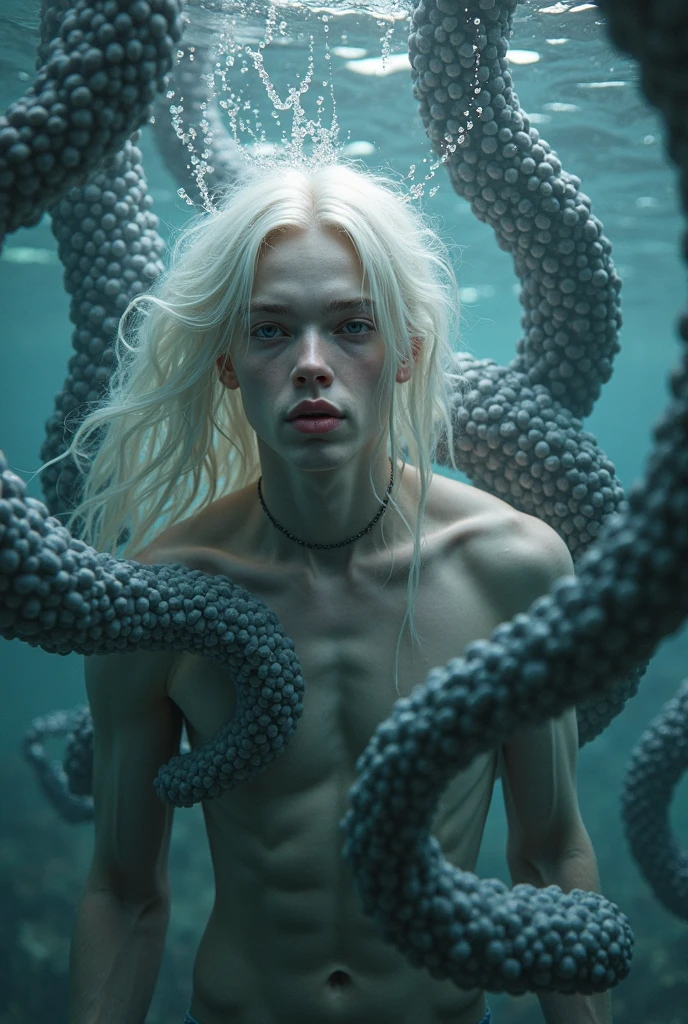 (masterpiece, best quality, 4k, dreamlike, hyperrealistic, Giger style:1.35), (strangely beautiful pale slimy translucent albino ageless immortal vulnerable tall slim androgynous male parasitic impotent god with beautiful eyes clawlike nails pointy teeth long hair flat chest male crotch bulge soft belly weak stomach, veins and internal organs show through:1.5)