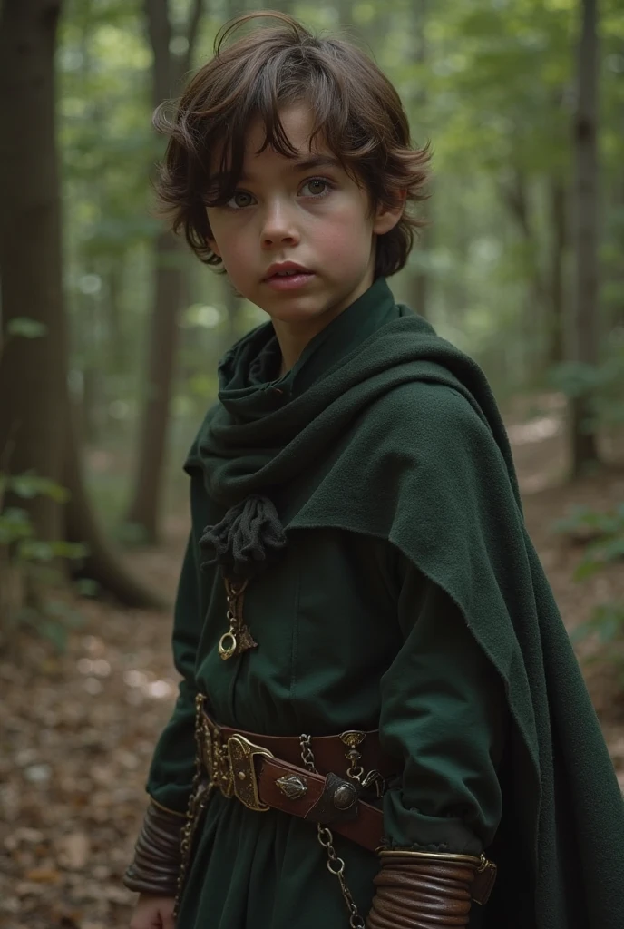3 foot tall halfling. his name is eriadu. short with shoulder length mossy brown hair. he carries two steel blades. his tunic is deep green and his cloak is dark brown.  he looks like anakin skywalker in episode iii and frodo baggins.