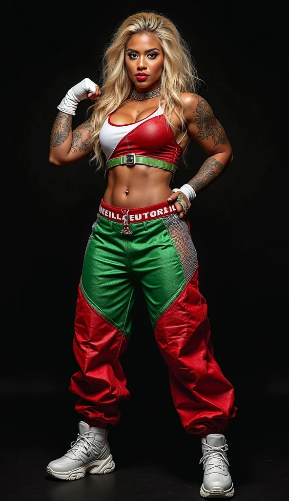 Irish female wrestler with short Orange hair and visible freckles, in green white and red grungy patterned sports bra that says "JODI", green and white grungy patterned high cut trunks, white hand-wraps, black knee-pads, card based tattoos on both arms, photo realistic, intricate details