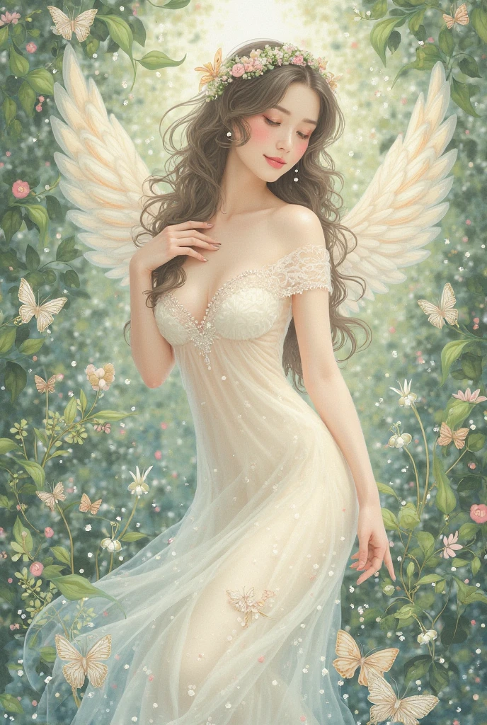 A beautiful young woman is on a flowered hill in a delicate white dress, her bare skin is visible through the thin fabric, she has her legs spread wide and her hands pressed against her crotch, she has a sexually excited look on her face, she is erotic