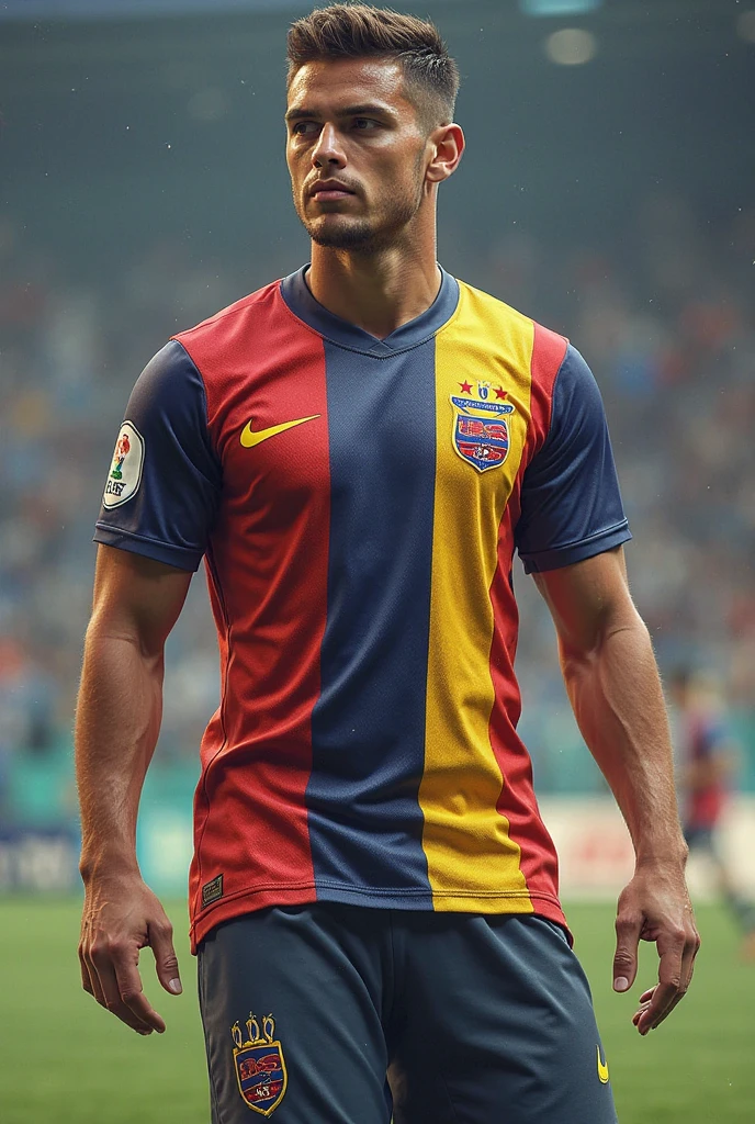 Soccer player with red flannel and blue shorts