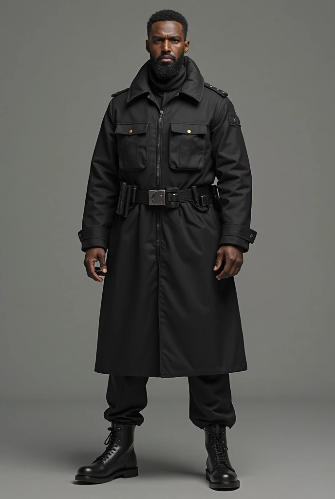Firefighter uniform with black straight-cut pants, black jacket , black shirt, Chinese collar with silver cord and black kepi with silver plate