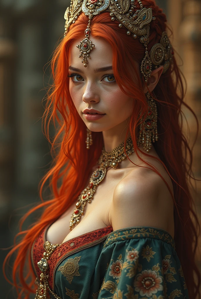 (Realisttic:1.2), analog photo style, (cute goblin wooman looking like elf, intensed red eyes, surrounded by a gloomy antique setting), (her full body s a visual pleasure), faint smile, soft shading expresses beautiful skin texture, sexy and seductive, Graceful curve, light reflection on the floor, ornate embroidery and embellishments, an elegant necklace, thin bracelets on the wrist, rich and lustrous hair, three dimensional effect, gloomy dark atmosphere, play of light in the sun rays, a delicate balance between beauty and darkness, faded colours, great quality, Masterpiece, intricate fantasy background, naturally cinematic light, 16k quality, HDR, RAW photo