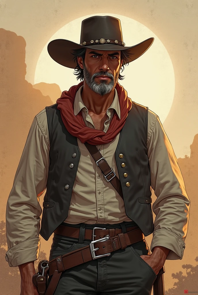 He has combed brown hair and a somewhat unkempt beard. His eyes are brown. Use John Marston from Red Dead Redemption as a reference and dark pants. He wears a hat with a feather. He also has a scar on his face. He is American, with a strong sense of brotherhood, and is always seen smoking. I would like the art in a fantasy RPG style, in the old west.