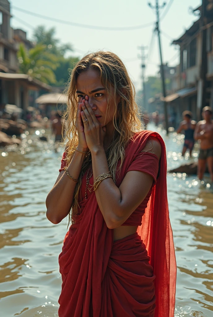 Beautiful white girl surrounded by a crowd of Indians