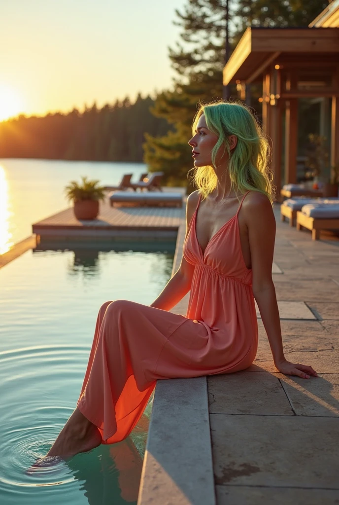 A young woman with long pink hair, wearing a Tankini bikini floral patter, at Maldives lounging poolside on a deck chair in a bikini with high heels, bathed in the warm glow of the setting sun, looking relaxed and comfortable, surrounded by palm trees, swimming pool in the background, a cocktail umbrella on her lap, sandy beach stretching out in the distance, sky painted with hues of orange and pink, dolphin swimming in the distance, tranquil atmosphere, beautiful and serene environment, resort vacation, masterpiece, high quality, photorealistic, cozy atmosphere, jifilm XT3, (Rosto alto e detalhado:1.1), (tons suaves:1.25), (HDR:1.25), (art-station:1.2), (detalhes intrincados:1.14), (hyperrealistic 3 d render:1.16), (filmic:0.55), (Rutkowski:1.1),detailed character, detailed environment.long hair
