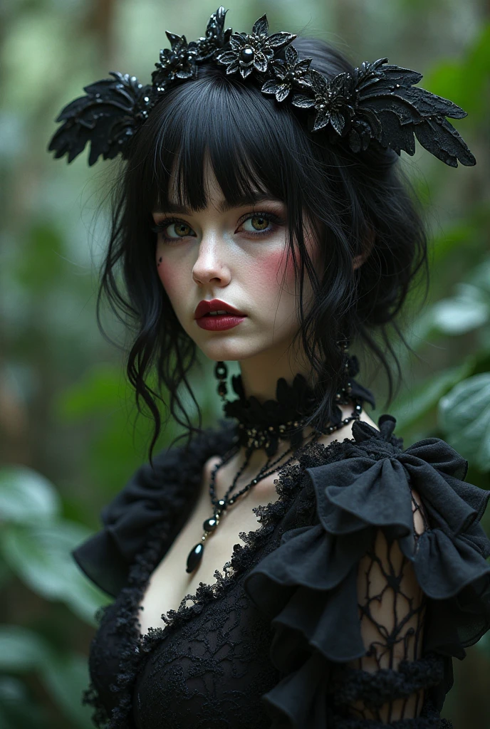 A sad woman (black umbrella, sheer black summer dress lots of black lace and embroidery, goth make up), sunny day, busy college campus
