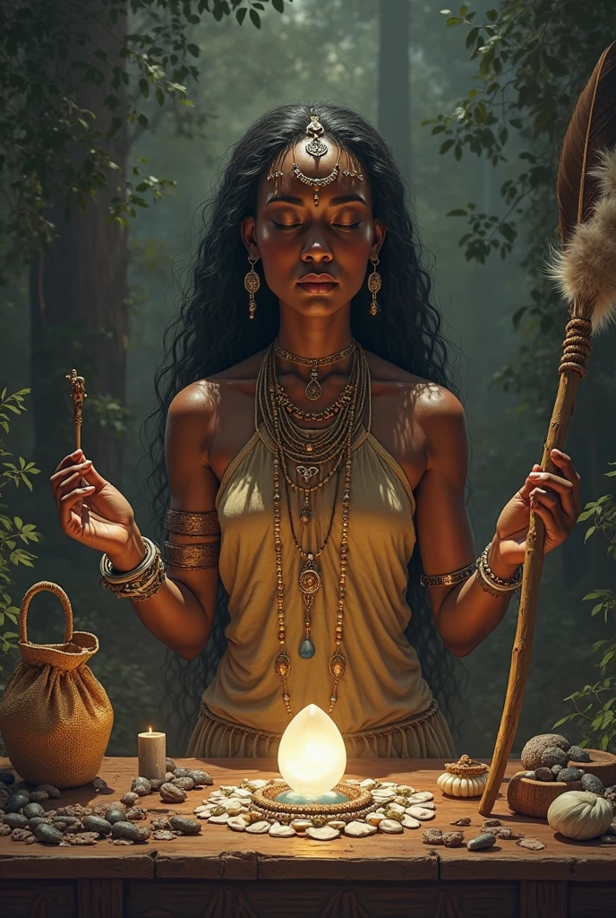 In the dark moonlit forest a powerful negro shaman woman, her black skin reflecting the moonlight while she meditates over a Vibrating Cymatic sacred geometry 4d sand mandala slowly evolving scintillating changing