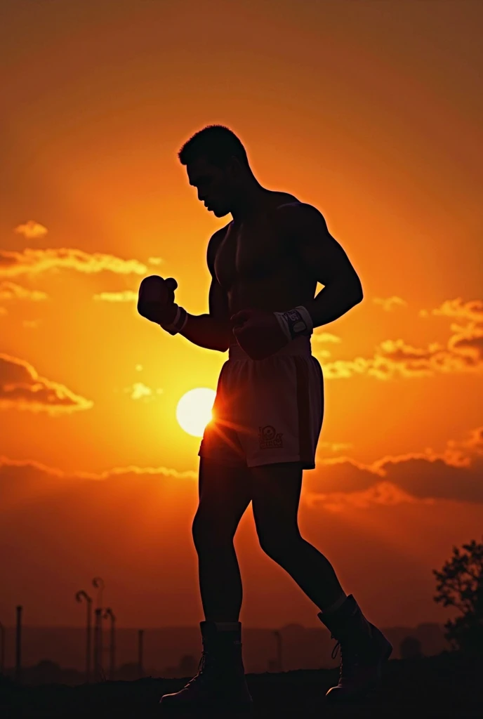 A teen boxer standing at a clif  in the sun set ready for training , graphic art 4k