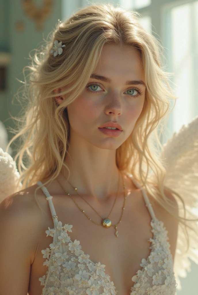A shot of a beautiful female angel's waist, Complex, Narrow Face, elegant, wearing an aquamarine necklace, Halo, A sheer white lightweight dress with straps, To the camera, Very detailed, Digital Painting, Art Station, Concept Art, Smooth, Sharp focus, figure, ArtJam、Greg Rutkowski、Art by Alphonse Mucha, 8k, Volumetric Fog, bloom, light, lumen, Crank blur