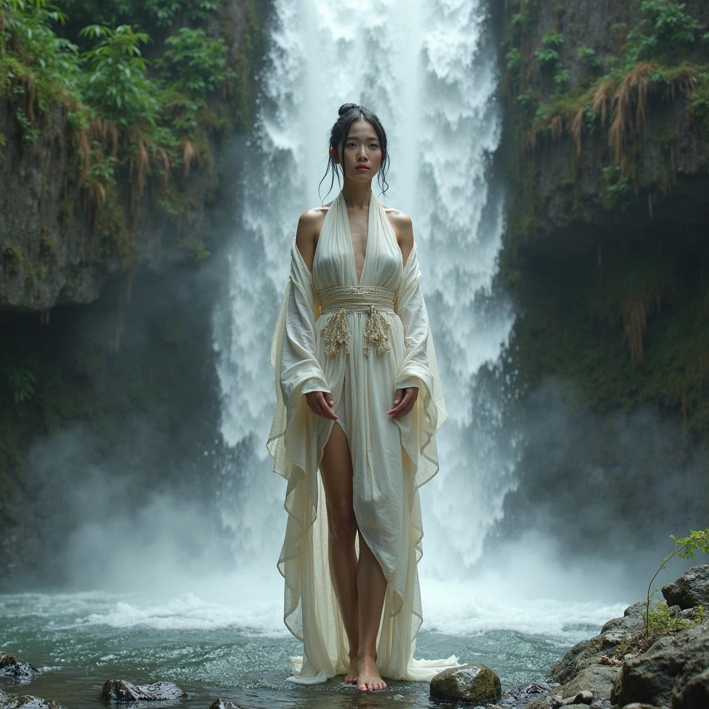 Illustrate a woman undergoing spiritual training by standing under a waterfall, her wet kimono clinging to her body and revealing her translucent skin. Capture the serene and introspective atmosphere of the scene, with the woman's closed eyes and serene expression conveying her deep focus and dedication to her mental and physical discipline. Use a muted color palette to enhance the tranquility of the surroundings, with the waterfall cascading down from a rocky cliff and the surrounding foliage adding a sense of natural beauty and isolation. Pay attention to the details of the woman's wet kimono, with its intricate patterns and folds, as well as the gentle play of light and shadow on her skin. Depict the water droplets falling from her hair and the mist rising from the water, creating a sense of movement and energy in the image. Overall, create an image that represents the transformative power of nature and the inner strength of the woman undergoing her spiritual journey.
