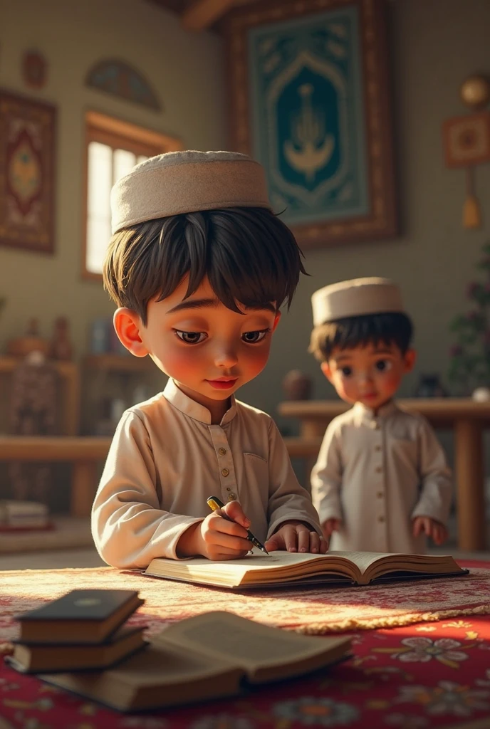 A muslim boy is engaged in learning a new skill or undergoing training. They are participating in a course, reading a book, or watching educational videos online.