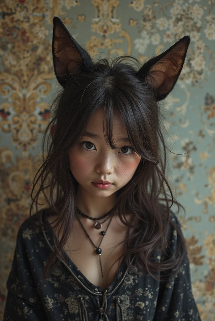 CHILD girl with long RED hair wearing a YELLOW sweater and muffled black ears.