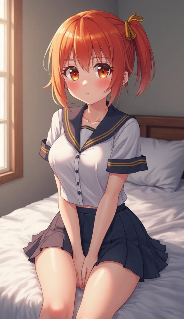 room, 1 Girl, Highest quality, Ultra-high resolution, Long Hair, Redhead, Green Eyes,Looking at the audience, Small breasts , smile, Open your mouth、Cowboy Shot、(Navy blue cuffs and white short-sleeved gym uniform)、(Navy Blue Bloomers)、(
barefoot)、Navy blue socks、(((Lying in bed、Sexy pose)))