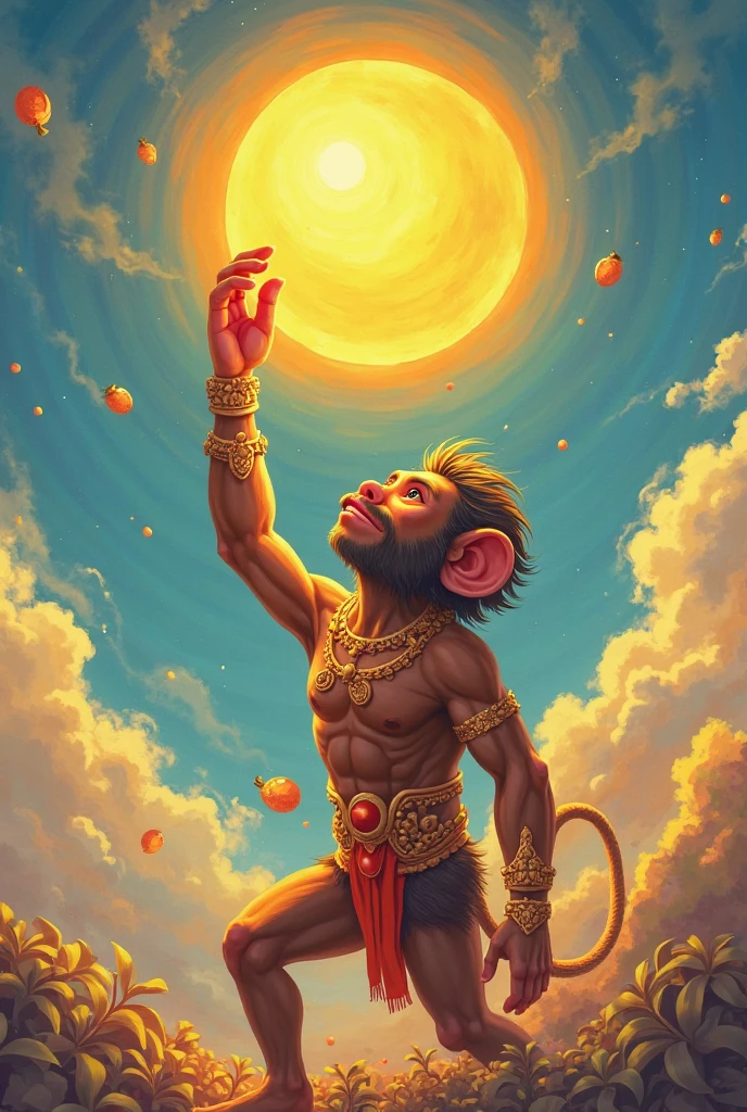 Hanuman’s Curiosity:
Hanuman gazes up at the bright sun, squinting his eyes but fascinated by its brilliance. His stomach growls, and he mistakes the sun for a giant, ripe mango hanging in the sky.
Hanuman (thinking): "That must be the biggest fruit I have ever seen! It looks so delicious. I must have it