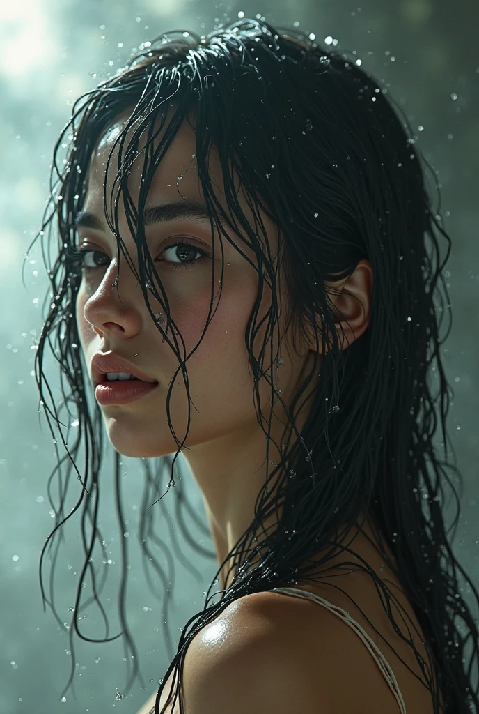 (8k, RAW photo, best quality, masterpiece:1.2), (realistic, photo-realistic:1.37), ultra-detailed, (high detailed skin:1.2), 8k uhd, dslr, soft lighting, high quality, photo of 22yr woman ,1girl , shirt with golden trim, white robes moving in the wind, long black hair, fully clothed, perfect face, concept art, detailed face and body, award-winning photography, detailed face, backlight, ultrarealistic, ray tracing, intense gaze, looking at viewer, cinematic lighting, embers, fantasy, action pose, water splash, mist
, RAW photo, 8k uhd