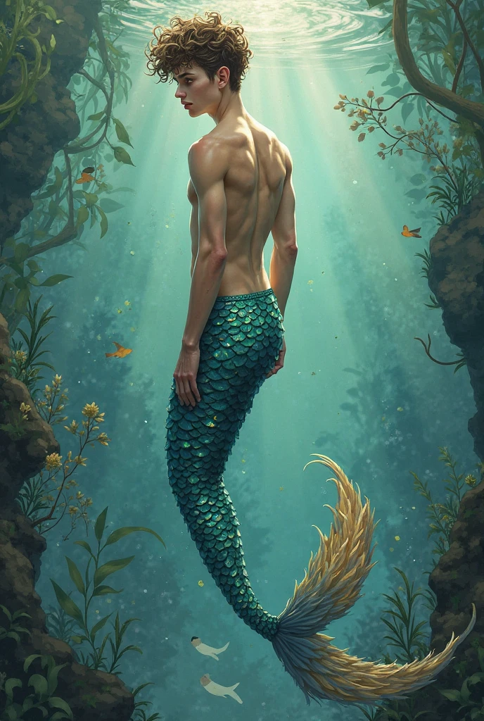 there is a man that is standing on a mermaid tail, inspired by Adam Dario Keel, mermaid tail, handsome stunning realistic, shirtless :: high detail, mermaid, mermaid body, inspired by Ludovit Fulla, fish tail, by Adam Dario Keel, emma watson as a mermaid, emma watson as sea mermaid, dnd triton, ariana grande as a mermaid