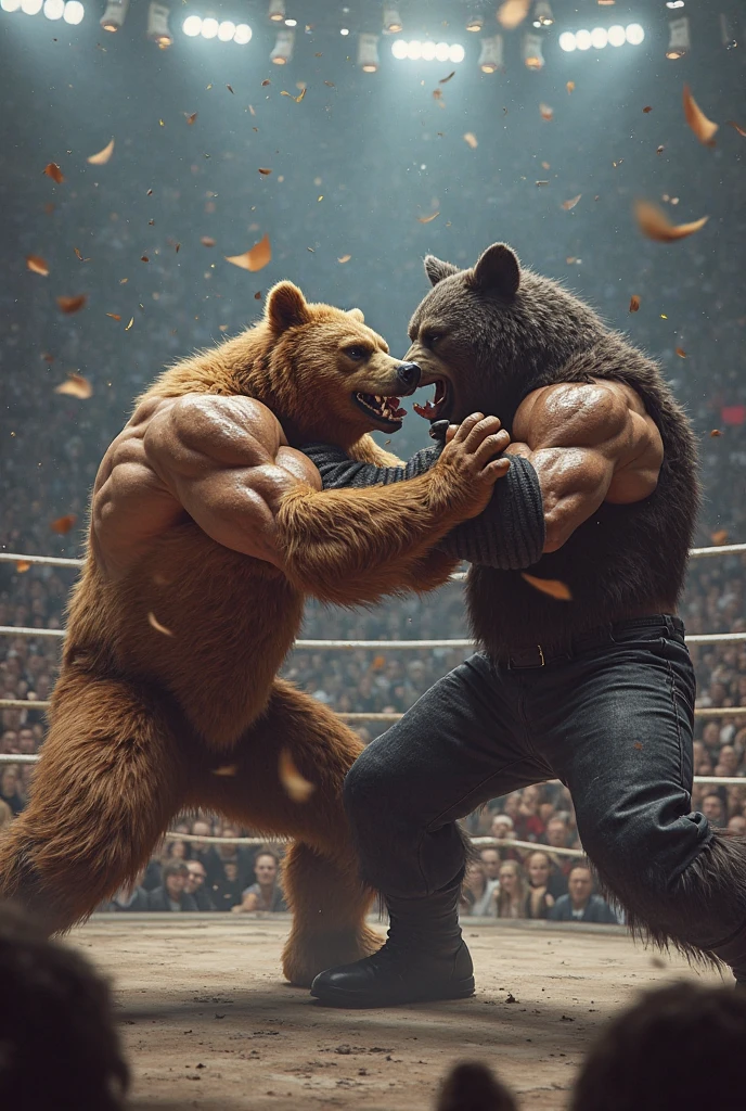 A muscular anthropomorphic wolf in a boxing stance delivers a powerful punch to a similarly muscular humanoid with a bear-like face, who is visibly injured and bleeding. Both characters are dressed in athletic shorts, and the scene is set in a boxing ring surrounded by an excited audience. Bright lights and vibrant colors enhance the dramatic atmosphere, highlighting the intensity of the fight.