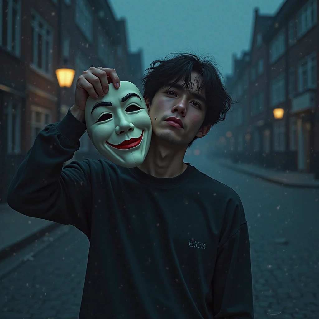 arafed man wearing a mask with a creepy face, twisted god with no face, darkwave goth aesthetic, anonymous mask, anonymous, masked person in corner, in an alleyway during the purge, creepy aesthetic, broken mask, pale white face, dark academia aesthetic, photo of scp-173, bladee from drain gang, scary look, horror aesthetic