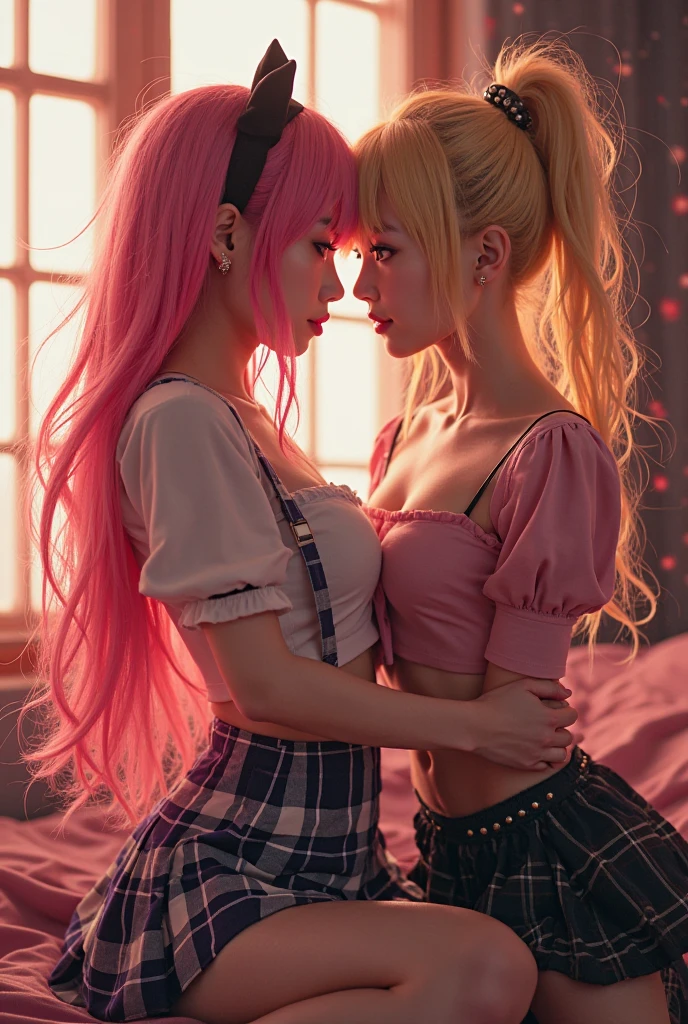 ((top-quality, 8K, ​masterpiece:1.4)), (Photorealsitic, Raw photography, Top image quality:1.5), beautiful  lighting, Movies in which girls shine, realistic shadow, huge filesize, Vibrant colors, Brilliant image quality, colourfull, Fantasia [hight resolution], (17-year-old beautiful girl:1.6), (Lori:1.2), (Junior Idol), Well-formed fingers, ((Cute pose with arms crossed behind back:1.5)), ((Glittering Perfect Beautiful Girl:1.3)), a handsome, a cool, (innocent smiles:1.2), ((Super Cute Super Beautiful Girl)), (Crisp and gentle eyes), dual, (with blush cheeks:1.4), ((morning、Two beautiful girls in transparent sexy little devil pink costume are hugging each other:1.7)), Cute hair, (Show me your big ass:1.2), Perfect and beautiful body, Lovely room, Innocent Girl, Japan beautiful girl, Shines