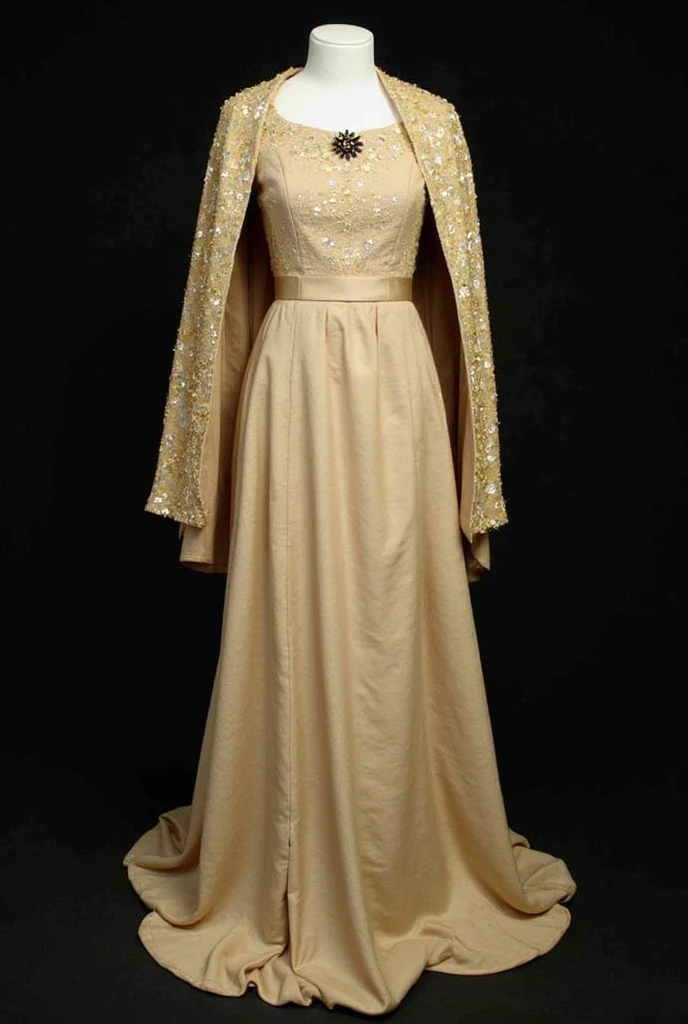 Make me a sketch of a costume for a female character of the Star Wars Universe. Has to be a gown made of heavy beige velvet. The long, flaring sleeves and hood give the gown more of a robe-like appearance. A wide brown sash is fastened in her under-chest area; with a empire-waist line effect of the sash partnered with the fullness of the skirt give her a wide silhouette which effectively hides her eight-month pregnancy. There are also dark beige insignias of her planet burned into the velvet along the full length of the dress. This was accomplished using a process known as devoré, which uses acid to mark the fabric. The look is completed with a jeweled brooch at her chest. Overall, this ensemble is very simple and elegant. The costume needs to be a closely resembles a houppelande: a sumptuous and weighty outer garment worn in Northern Europe in the late 15th century. It’s very likely to took inspiration from this historical gown for this particular costume.