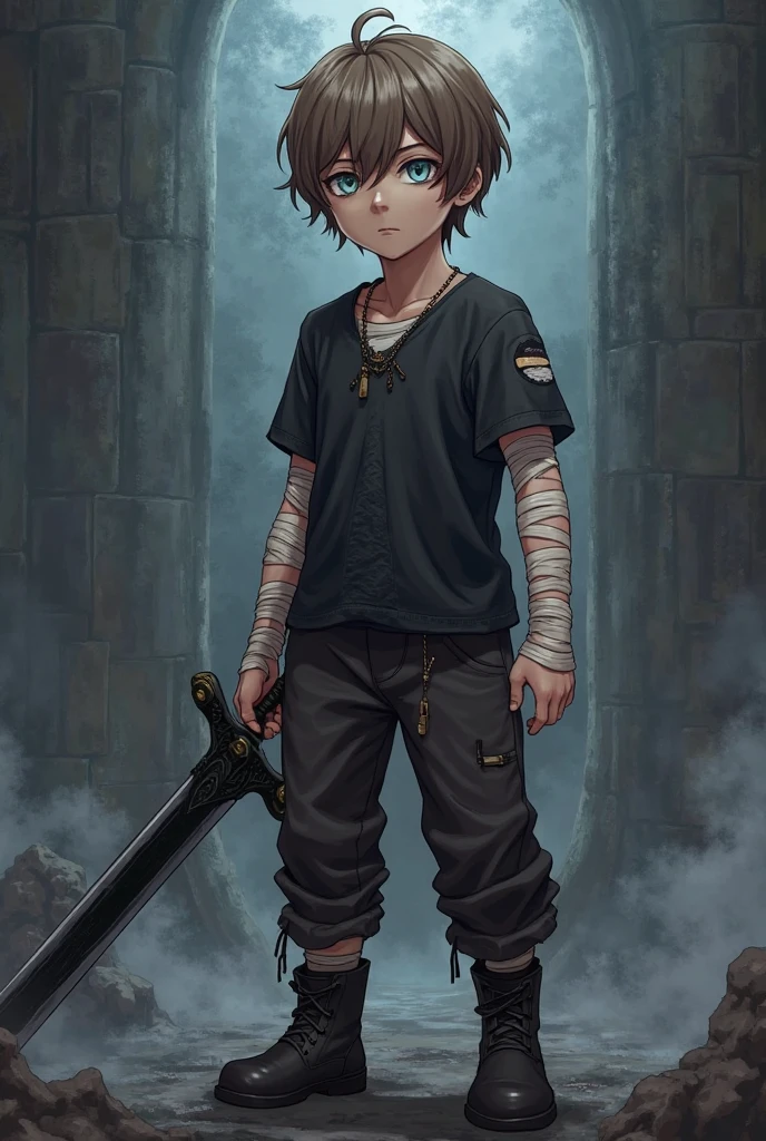 Child boy holding a large scythe, manto capuz preto