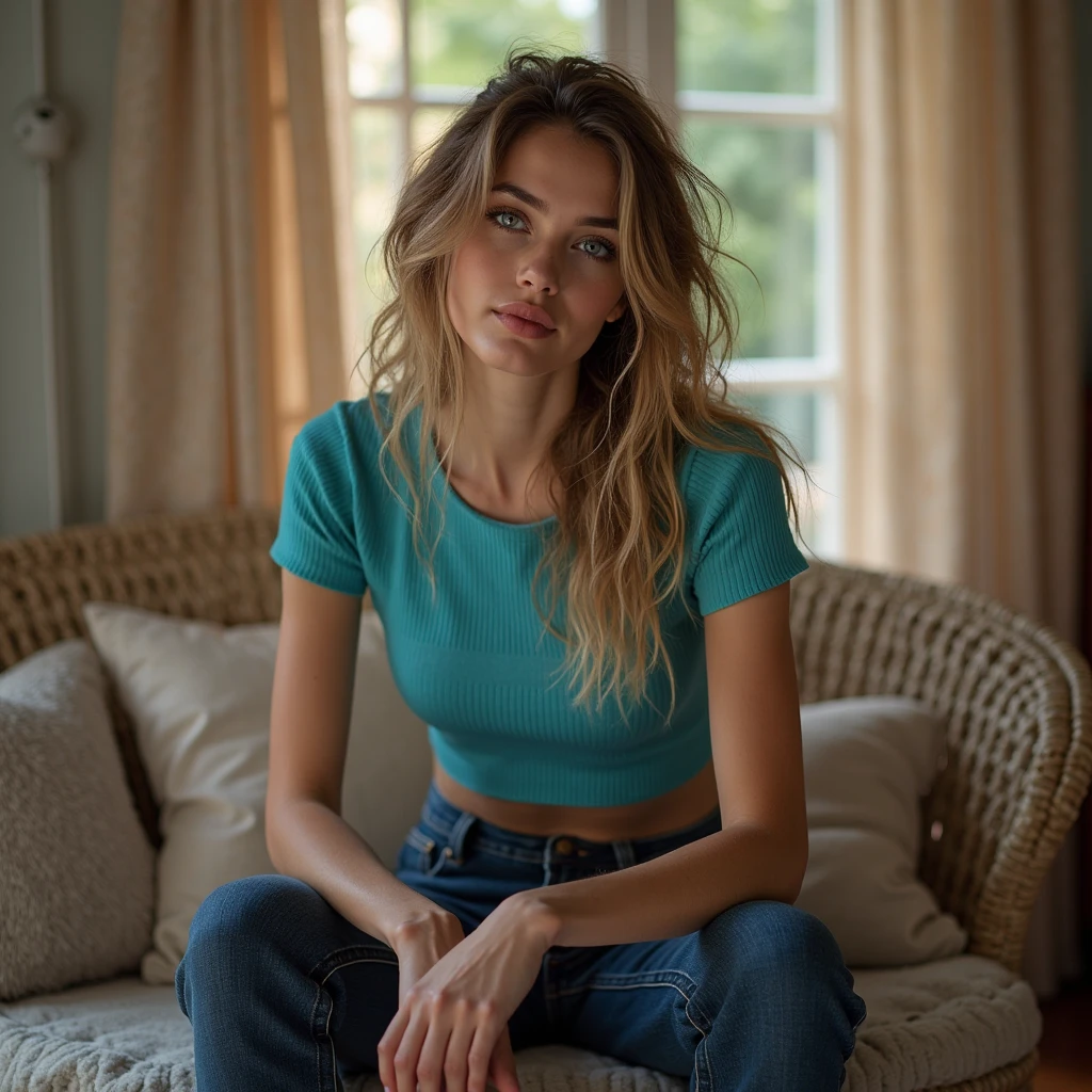 Upper Body Photo of <lora:J34n3tt3_v10:0.75>, J34n3tt3, long hair, In a trendy, urban loft with exposed brick walls and large windows, the influencer stands near a cozy reading nook. She’s wearing a stylish, cropped sweater in a neutral tone, paired with a delicate choker necklace. Natural light floods the space, casting soft shadows and highlighting the eclectic mix of modern and vintage decor. Her thoughtful expression and the inviting background create a warm, artistic vibe.