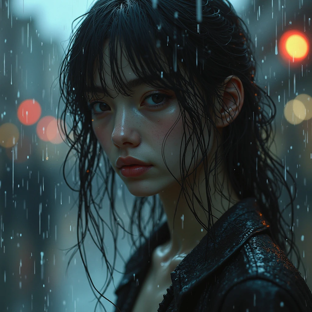 girl standing in the rain with wet hair