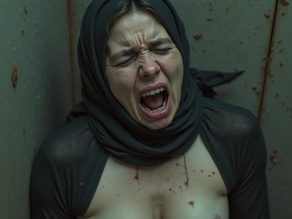 pale skin kurdish girl in small hijab nude shoulder nude arm breasts sitting in village room scar blood beated crying sad view from top bleeding nose looking talking view from top