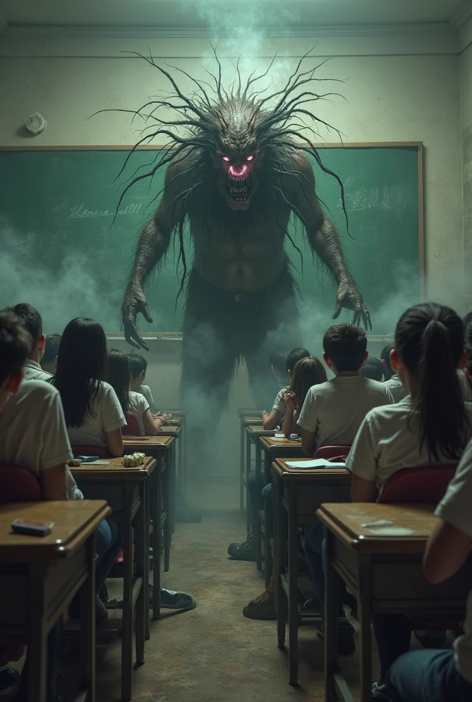 A boy in an exam hall with a demon