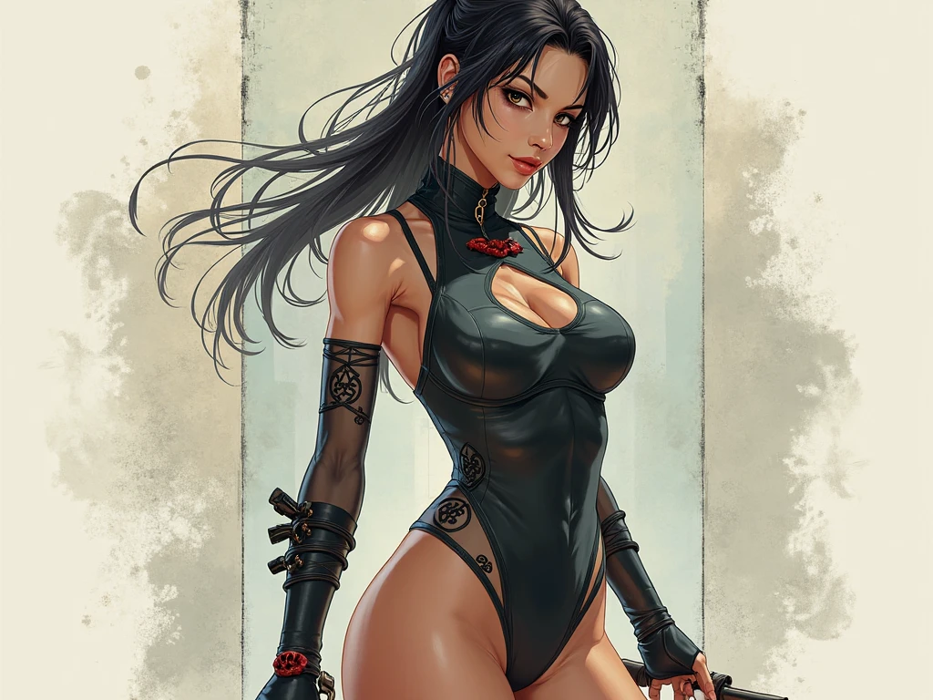 (((back view))), (((perfect ass))), (best qualityer))), ((redheadwear)), (((short arms))), ((( demon suit ))), (((bandaged arms))), ((high collar)), (((black with dark yellow details))), (((best qualityer: 1.4))), (Unbeatable masterpiece), (hiper HD),(CG 8k hyper-realistic), (((brave face))), (((hyper feminine))), sexly girl, Tron,(black bob hair)), ((( sculptural body ))), (((1 Kizi))), Kizi cibernética de 25 anos com perfectbody,,Beautiful and well-groomed face,muscular body:1.2,solid color detailed jacket, (Head to thigh photos), Complex equipment, green dark,Long pants,Tight clothes are dark,With white stars and off-white stripes,,,,,Armor Metal Electronic Parts, Poison tattoos ) INFO, Kizi, (((standing alone))), pirralha violent, ((())), sexly, pose de atitude, work of art, post-apocalypse, (((manga style))), bounty hunter, violent, Manic, the way you want, slenderbody, thin but strong, perfectbody, roupa moderna, advanced technology, neon, sleeves with vertical striped pattern, neutral background, (( cowboy shot )). intricate visual