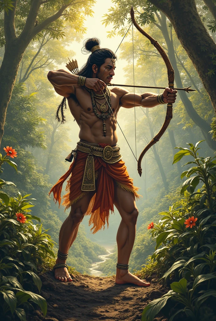 {"query": "Lord Ram with a bow and arrow, with flames in the middle of the forest, in a realistic style"}