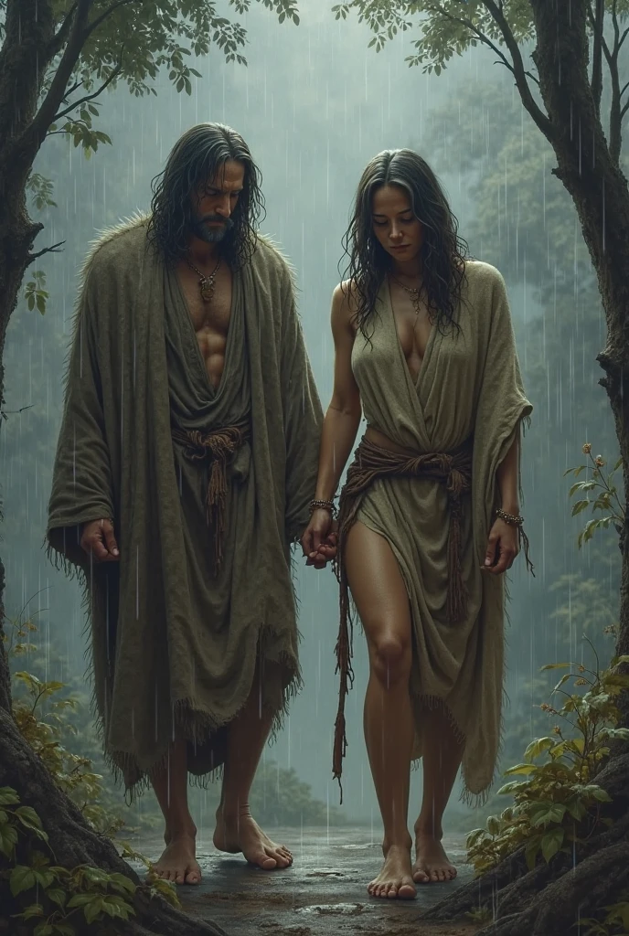The disciple, clad in simple robes, struggles to keep pace with the wizened guru as they trek through the dense forest. Sheets of rain lash down, blurring the path ahead and soaking their clothes. The disciple's eyes are fixed on the guru's weathered back, a look of determination etched on their face.