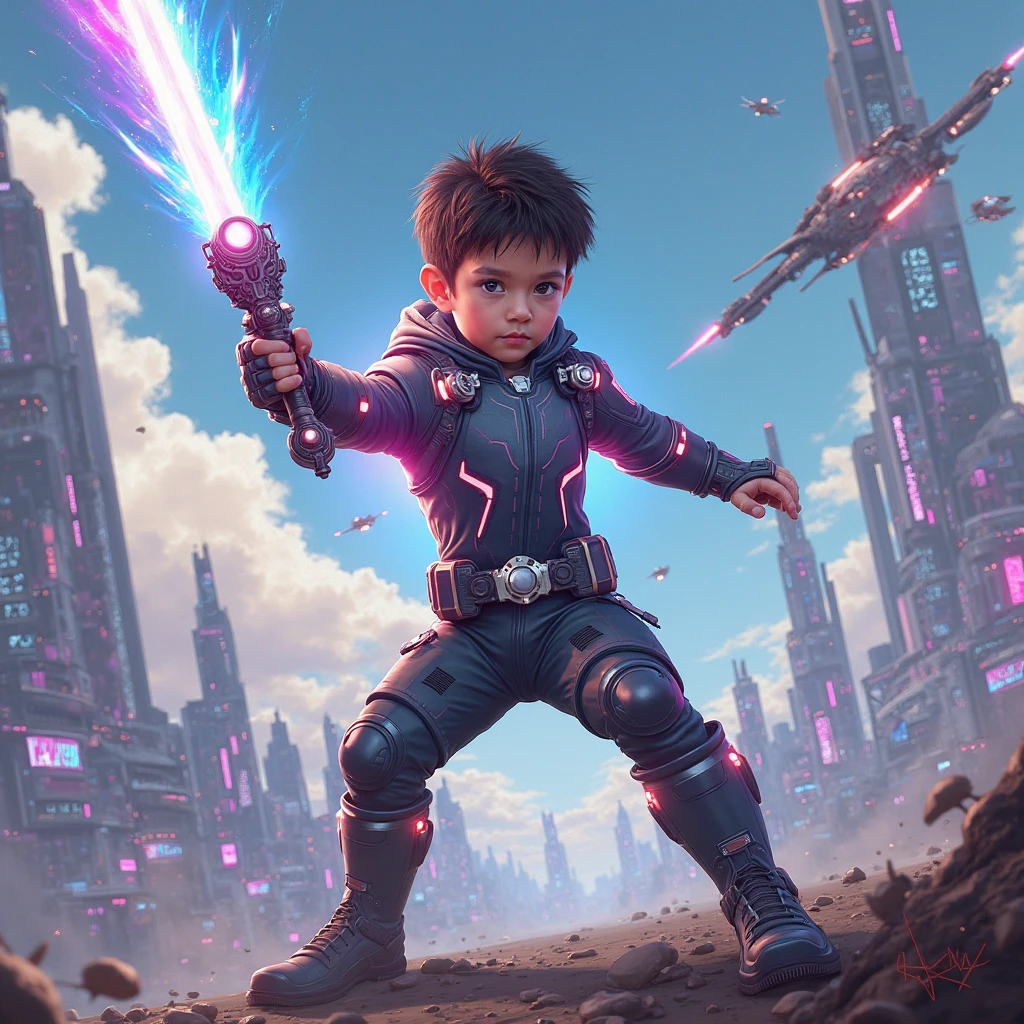 A child avatar, realisitic, Wearing Headphones, a cybernetic armor using the colors Cyan, white and grey. Holding a sword inspired by a microphone and a shield made with a speaker with a background of a war in the galaxy.