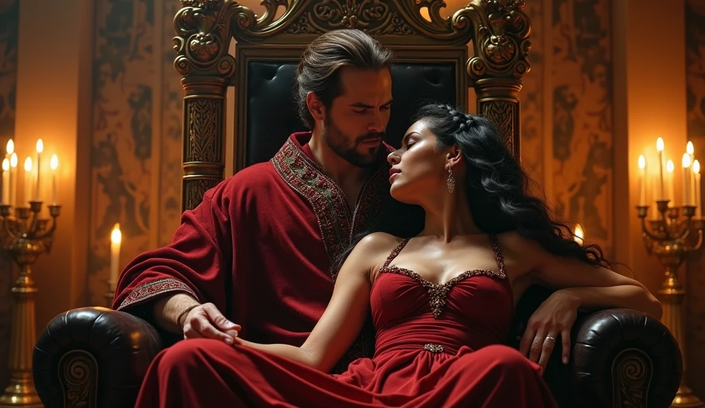 Draw Keanu Reeves as a wizard lying in the motherly lap of Megan Fox as a vampire sorceress, on a red couch, surrounded by the bodies of dead women without blood. Dungeons and Dragons style. 8k, realisitic