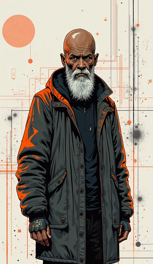 (line art art), 2D, a old hitman, beard, cyberpunk, cyberpunk outfit, man, colorful, undefined
