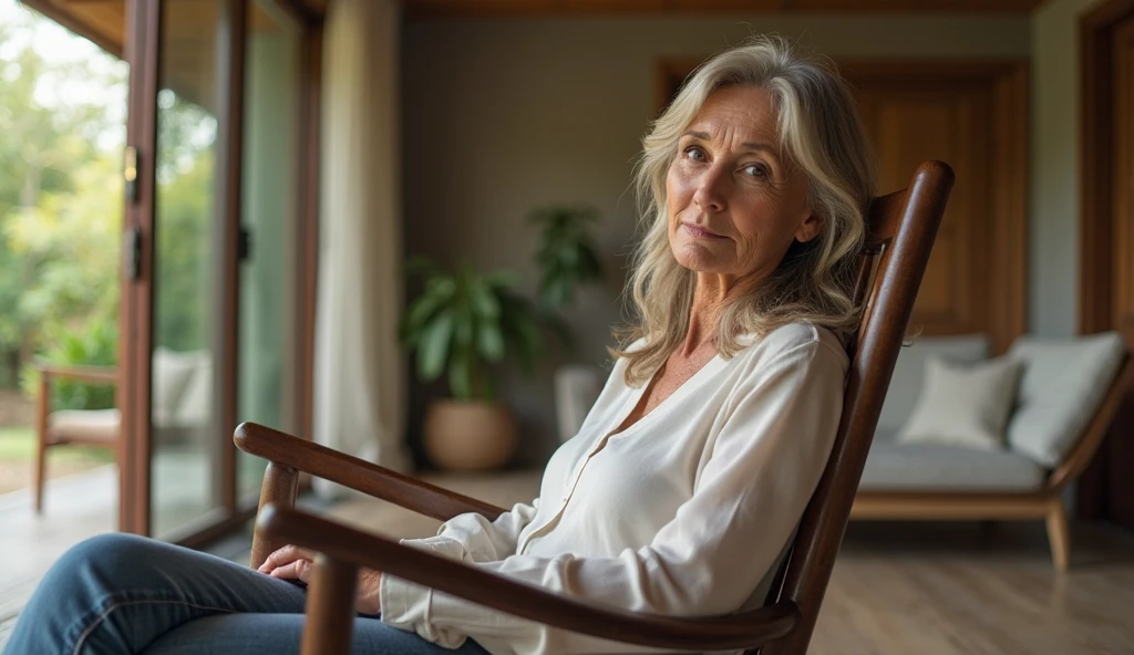 RAW photo, full body, 55-year-old woman, extreme wrinkles, casual t-shirt, sitting on the guest sofa, looking at the viewer, wearing cream shoes, straight forward position, in front of the viewpoint,
