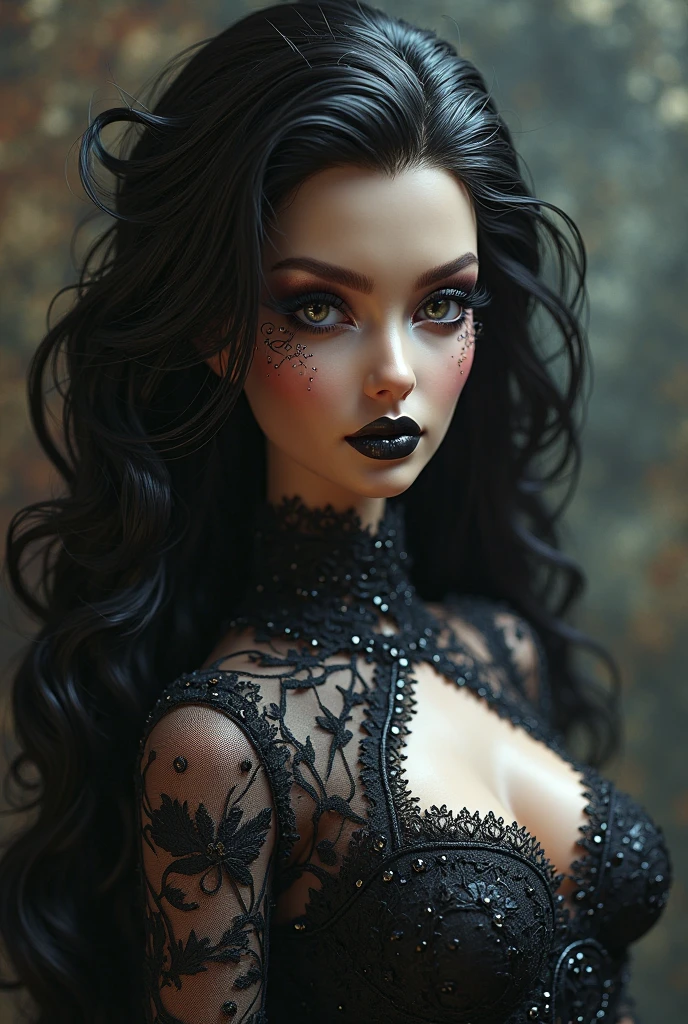 Young woman with feminine features and serious expression, He has black hair, slightly wavy and loose cascading down, with some strands falling around her face. His skin is clear, with subtle freckles on her cheeks and her grey eyes, thick lips .She wears a black dress, lace and V-neck, which gives it an elegant touch that highlights her large bust. She wears a thin necklace 